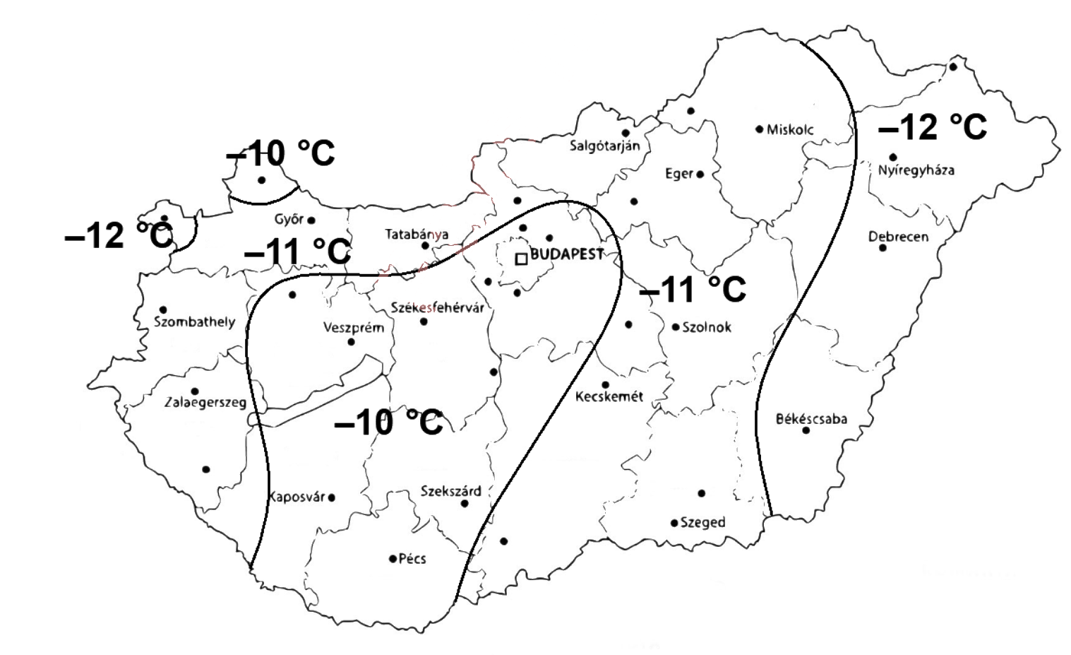 Az MSZ 24140:2026 F1. ábrája – méretezési külső hőmérséklet a fűtési hőszükséglet számításához: –10, –11 és –12 °C-os tartományok Magyarország térképén